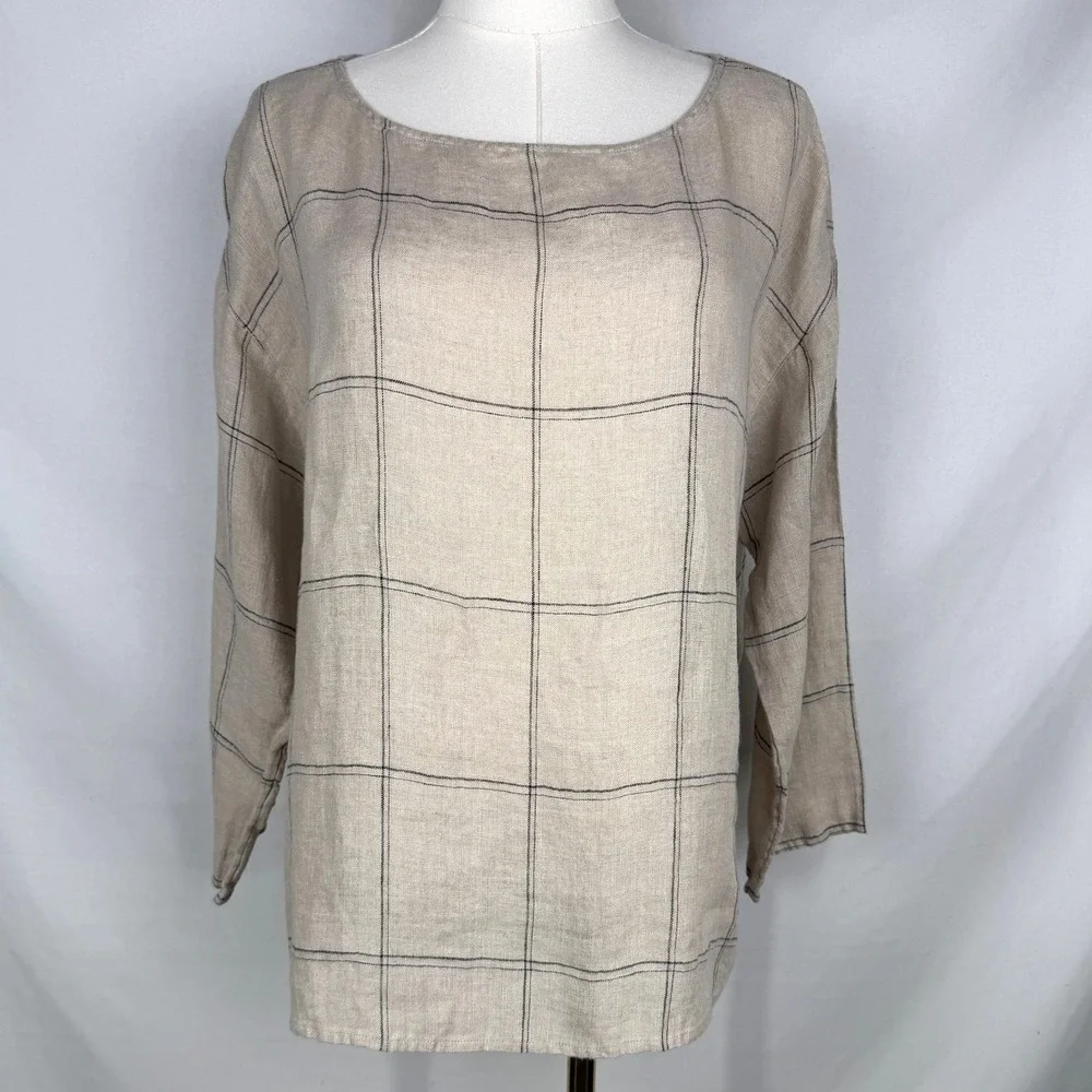 Eileen‎ Fisher Windowpane Organic Linen Blouse Size M Coastal Grandma Lagenlook